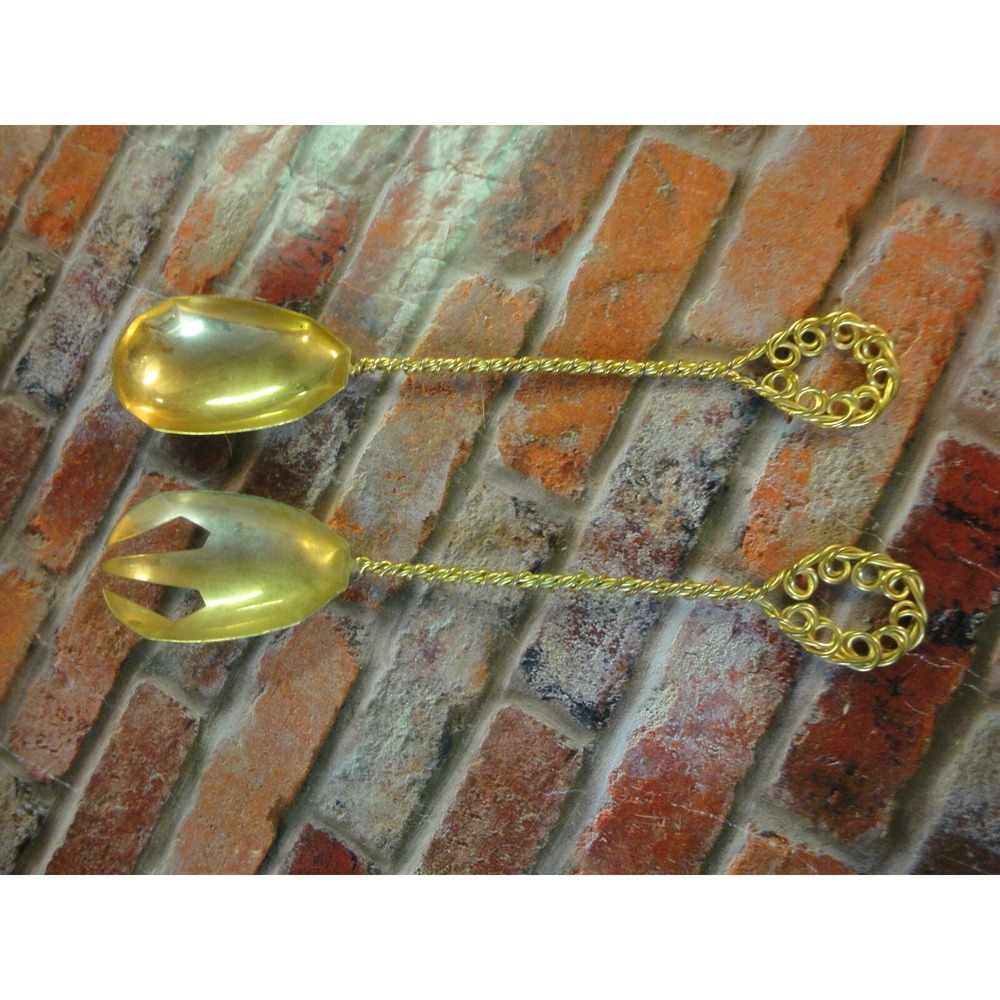 2 lot vintage gold tone large serving spoons twisted wire design made in France